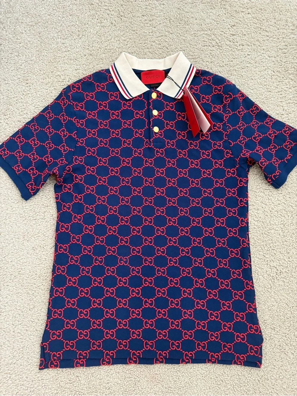 Gucci Navy Polo with Red GG Pattern and Cream Striped Collar